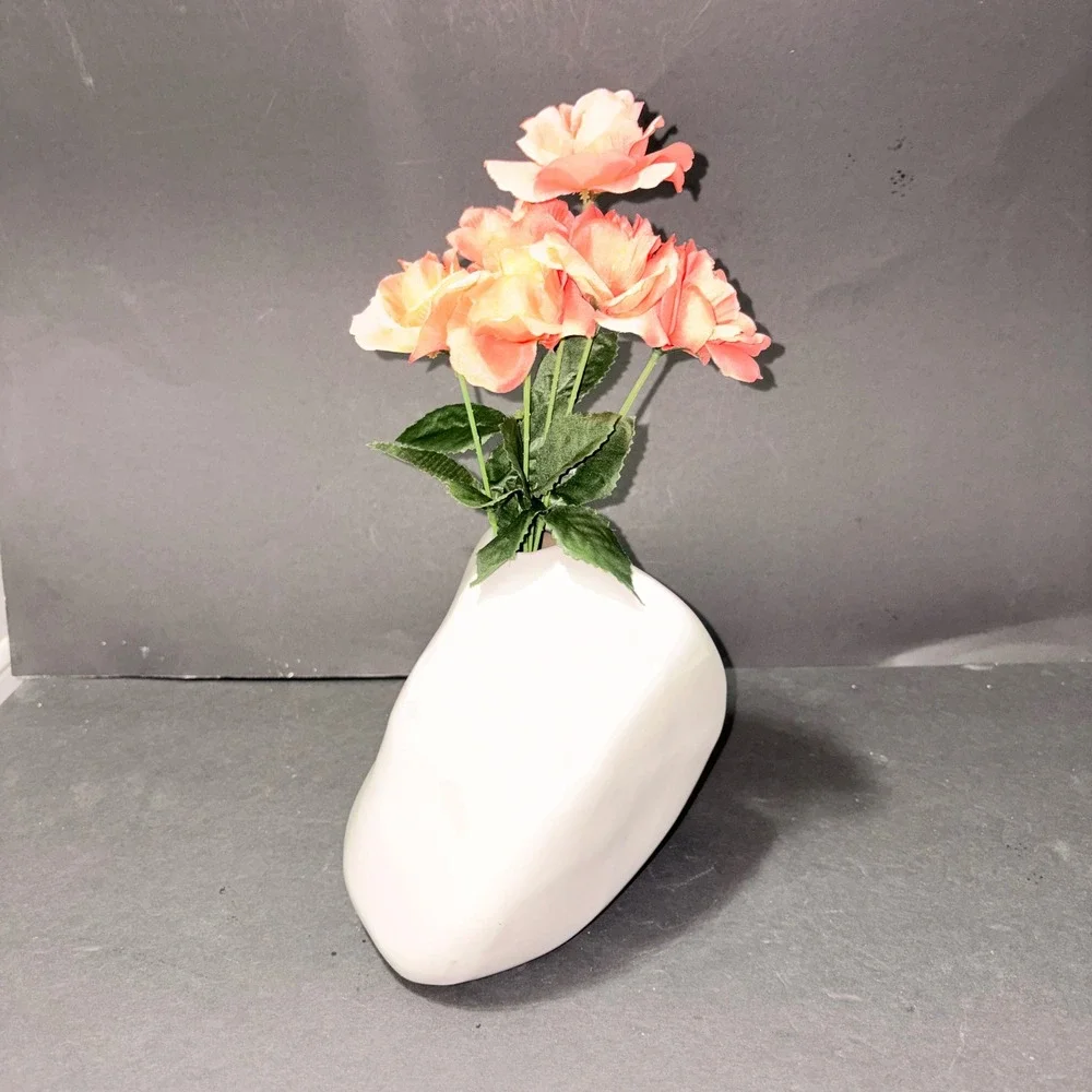 Modernist White Ceramic Asymmetrical Organic Pebble Bud Vase Sculptural Decor